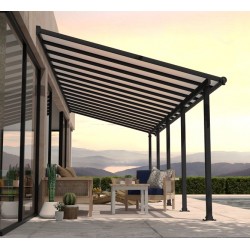 Olympia 3x7,30m grijze aluminium en Canopia polycarbonaat wandpergola
